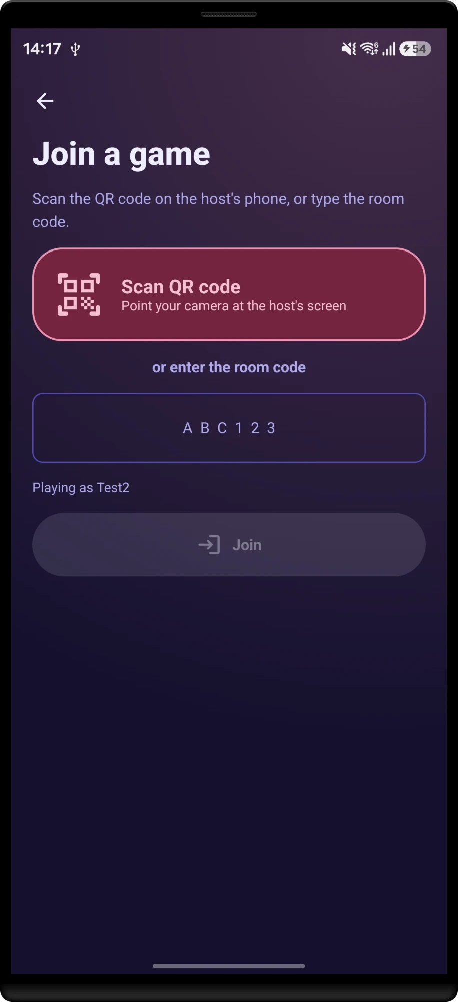Join screen with QR scanner and room code field